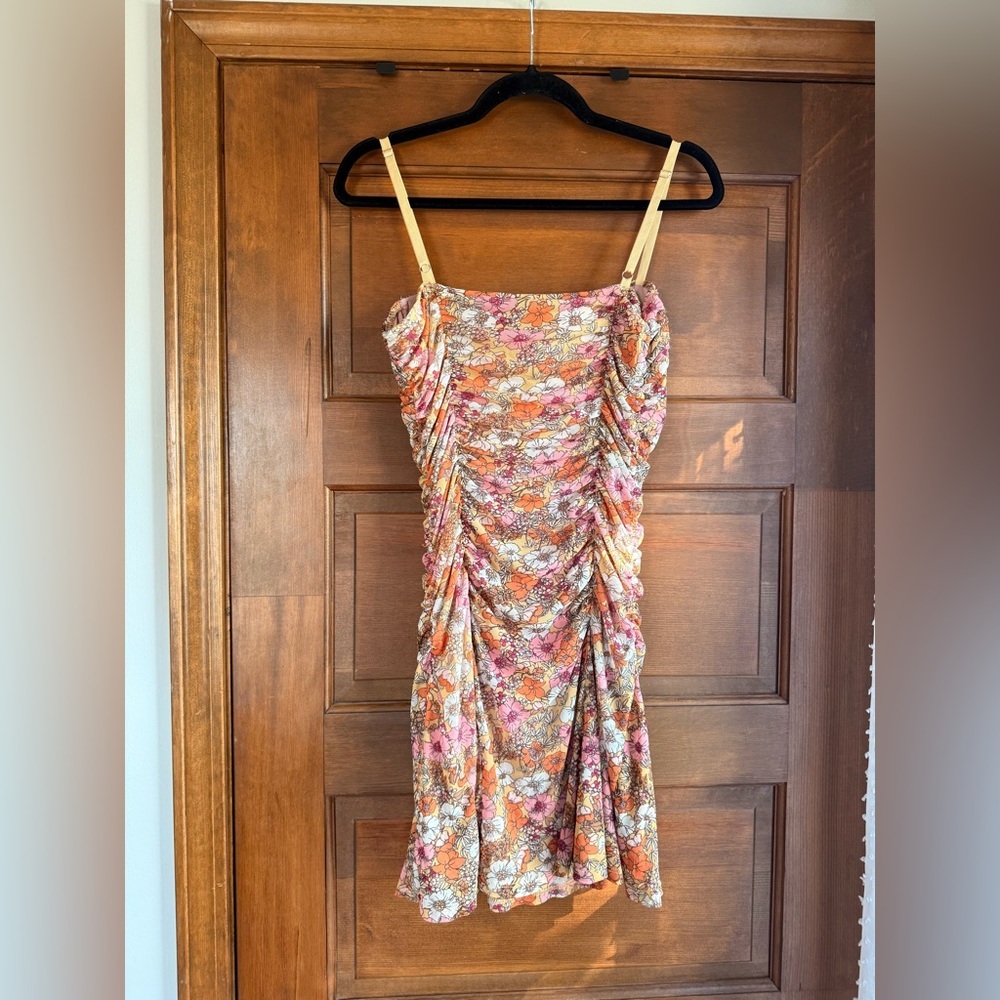 Fashion Nova Marilynne Mesh Ruched Mini Dress - Mustard Floral - Picture 5 of 6